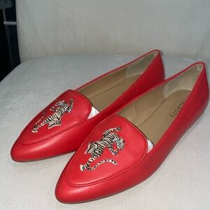 Brand new size 10m red leather flats by Talbots embellished w/embroidered tiger